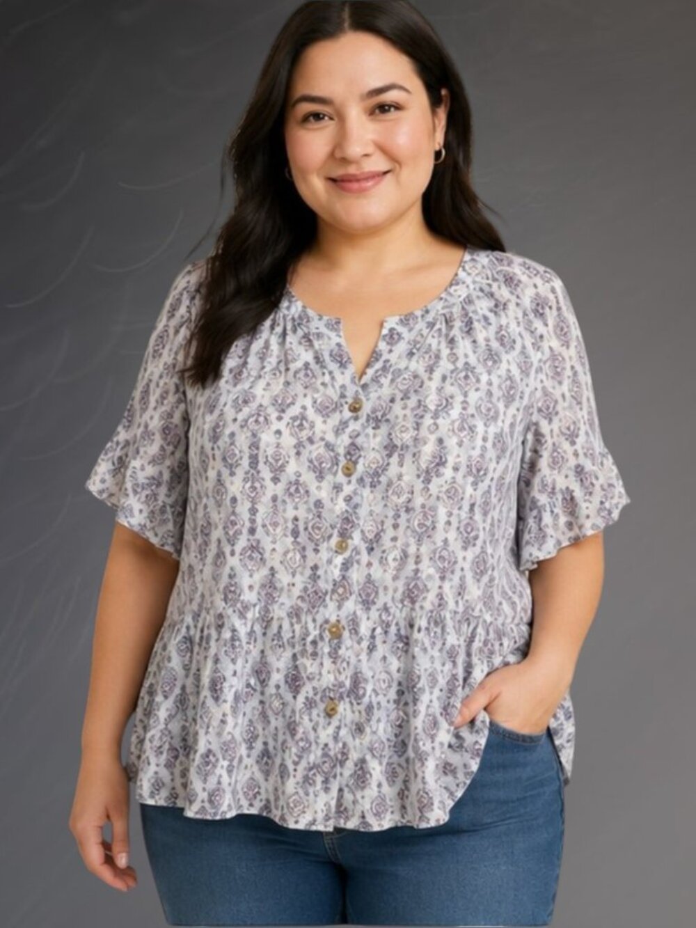 J. Jill Tiered Flutter Sleeve Sz 2X Babydoll Relaxed Fit Medallion Floral Print